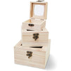 Unfinished Wood Box with Lid, Clear Window, and French Buckle (3 Sizes, 3 Pack)