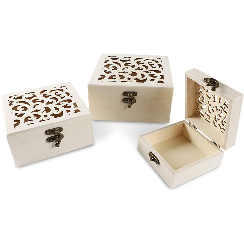 Unfinished Wood Box with Hinged Locking Lids, Wooden Jewelry Box (3 Pack)