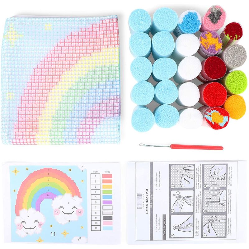 Latch Hook Kits Little Rug for Kids Rainbow and White Cloud Color Printed  Canvas DIY Handmade Carpet Crochet Yarn Embroidery Needlework Hook Latch  Kit