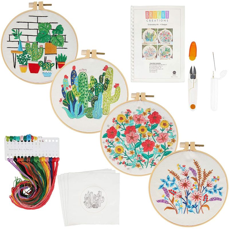 Embroidery Starters Kit with Pattern for Beginners, 4 Pack Cross Stitch  Kits, 2 Wooden Embroidery Hoops,Scissors,Needles and Color  Threads,Needlepoint