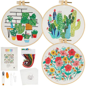 Hand Embroidery Kit, Yarn, 4 Floral Patterns, Hoops, Needles, Scissors (14 Pieces)