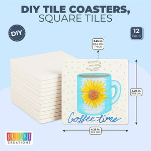 Blank Ceramic Tiles for Crafts, DIY Coasters, Unglazed (White, 4.25 In, 12 Pack)