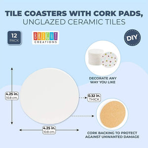 Unglazed Ceramic Tiles for Crafts, DIY Tile Coasters (White, 4.25 In, 12 Pack)