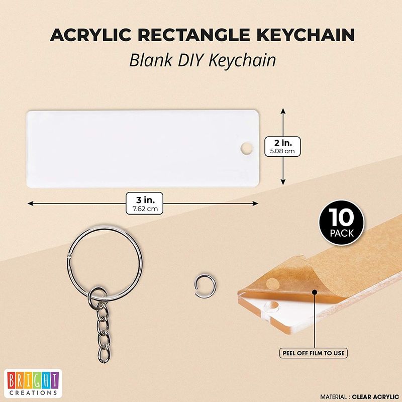 Bright Creations 10 Acrylic Keychain Blanks, Clear DIY Rectangles, 10 Rings (3 in, 20 Pieces)