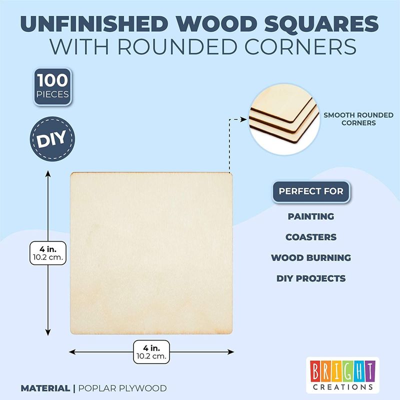 Bright Creations Unfinished Wood Square Cutouts with Rounded Corners (4 x 4 in, 100 Pieces)