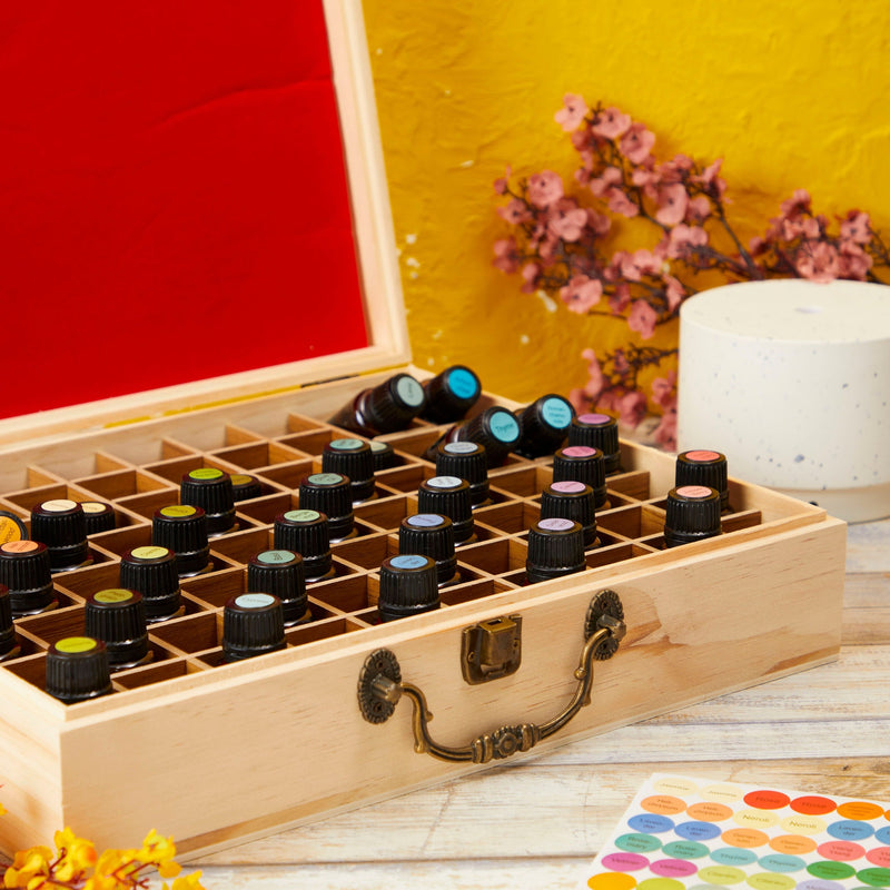 Wooden Essential Oil Storage Box Organizer Case with 72 Slots and Labels, Holds 5ml 10ml 15 ml Bottles, Droppers Brushes Included