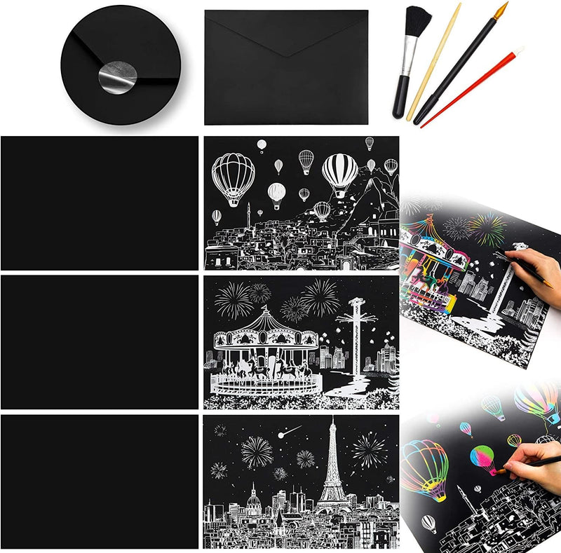 Rainbow Scratch Painting Art Drawing Pad Set, 3 with Design and 3 Blank Scratch Art Paper for Kids DIY Craft Projects