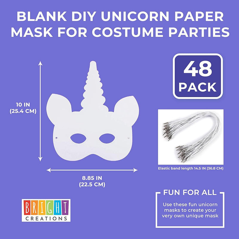 Bright Creations 48pcs Unicorn Masks with Elastic Band for Kids Birthday, Party Favors and DIY Crafts, White