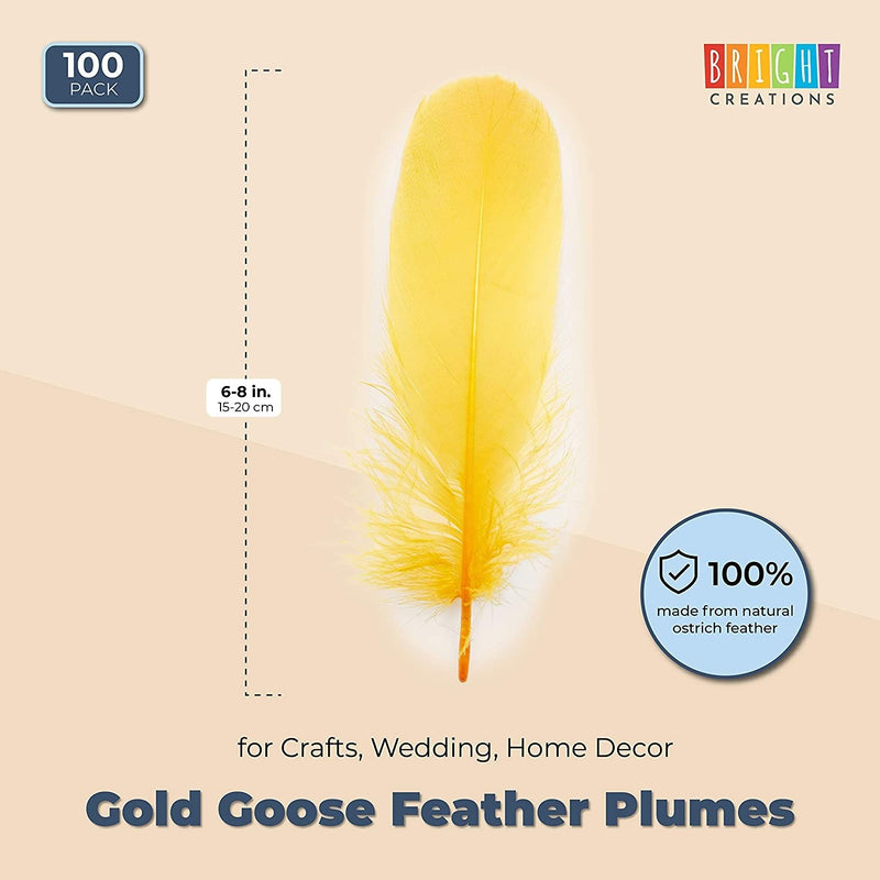 Gold Goose Feathers for Crafts, Costumes, Decorations (6-8 in, 100 Pieces)