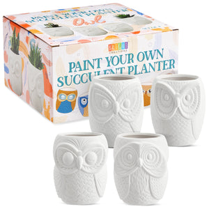 Set of 4 DIY Paint Your Own Ceramic Succulent Planters in 4 Owl Designs, Unpainted Flower Pots with Drainage Holes, Rubber Plugs, and 15 Sticker Pot Pads (3x3x4 in, White)