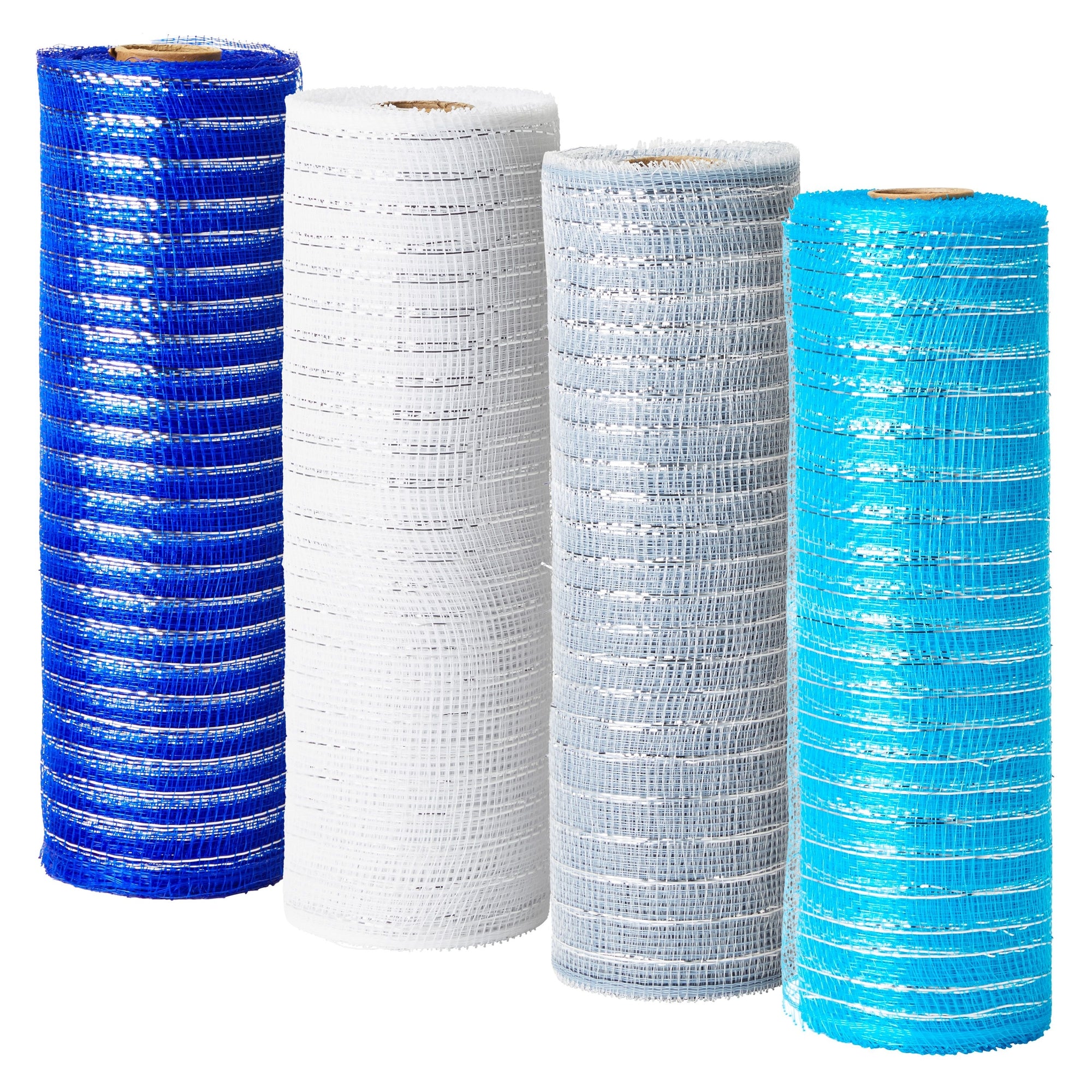 4 Pack 10 inch Deco Mesh Ribbon Rolls for Crafts, Metallic Poly Burlap in Blue/silver/white/royal Blue (30 Ft/10 Yards)