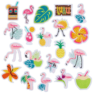 Hawaiian Flamingo Iron On Patches (20 Piece Set) Luau Embroidered Applique Sew On Clothing, Backpacks, Hats, Jackets