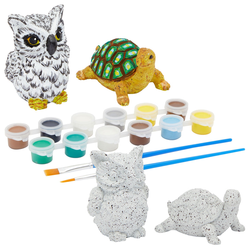 18 Piece Paint Your Own Rock Painting Kit for Kids with 12 Paint Rods, 2 Brushes, 2 Turtles, and 2 Owls (2 Sizes)