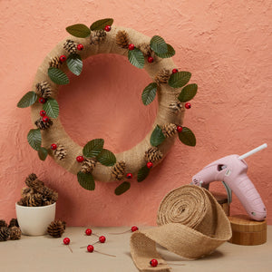 Christmas Wreath 12 inch DIY Kit with 2 Craft Foam Rings, Burlap Ribbon, Berries, Pinecones (75 Pieces Set)