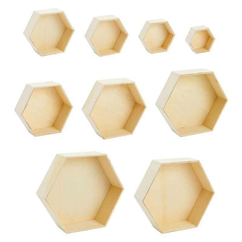 Set of 9 Unfinished Wooden Floating Hexagon Shelves for Wall (9 Sizes)