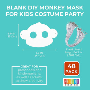 Bright Creations 3.8" x 5.9" Blank DIY Paper Monkey Mask with Elastic Band for Kids Costume Party (48 Pack, White)