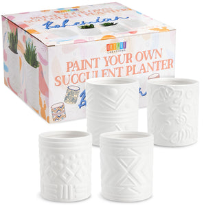 Set of 4 DIY Paint Your Own Ceramic Succulent Planters in Bohemian-Themed Designs, Unpainted Flower Pots with Drainage Holes, Rubber Plugs, and Small Sticker Pads (3x3x4 in, White)