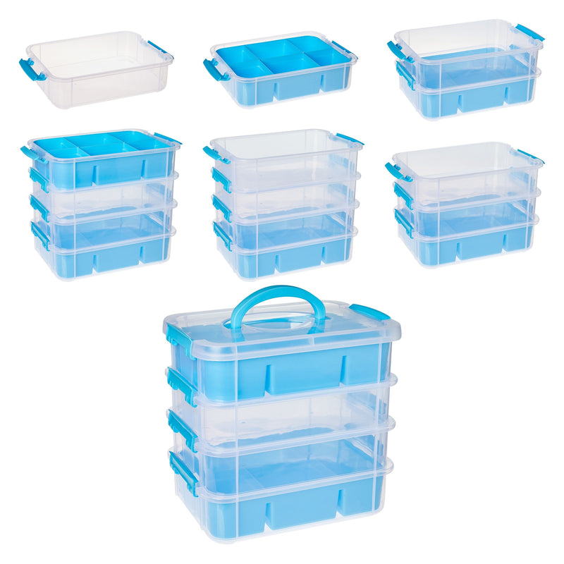 Stackable Blue Craft Storage Containers With 2 Trays And Labels, Plastic  Grid Organizer Box (10.5 X 7 X 9.5 In)