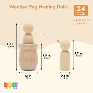 Unfinished Wooden Peg Nesting Dolls for Crafts (1.1 x 2.5 Inches, 24 Pack)
