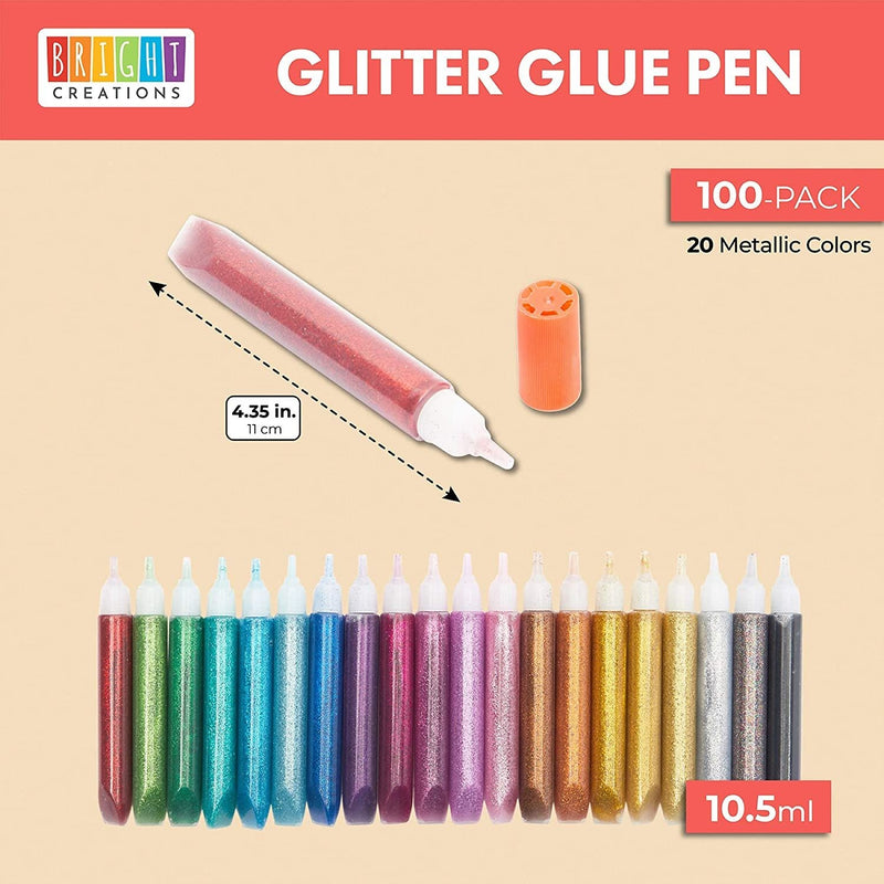100 Pack Glitter Glue Pens, 0.35 Oz Rainbow Glue Stick Set for Arts and Crafts Projects, Slime Supplies, Scrapbooking, Cards (20 Metallic Colors)