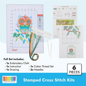 Owl Stamped Counted Cross Stitch (9" x 12"), Embroidery Beginner Kit with 11 CT Cloth, Needles, Thread