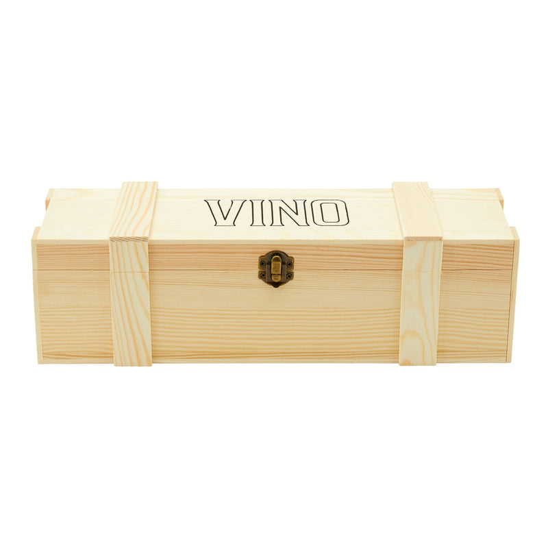 Wooden Wine Crate with Hinged Clasp for Single Bottle, Pinewood VINO Gift Box (13.8 x 4 x 3.9 In)