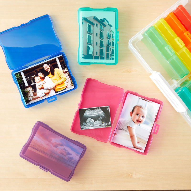 16 Transparent 4x6 Photo Storage Boxes and Organizer with Handle for Pictures, Art Supplies (Rainbow Colors)