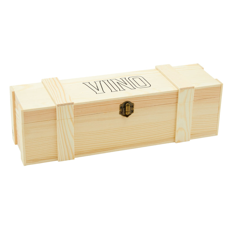 Wooden Wine Crate with Hinged Clasp for Single Bottle, Pinewood VINO Gift Box (13.8 x 4 x 3.9 In)