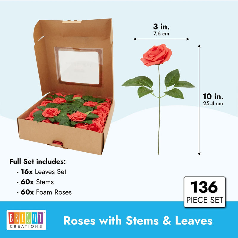 136-Piece Artificial Flowers Crafting Kit with 60 3-Inch Foam Roses, 60 Stems, and 16 Plastic Leaf Bundles for Table Centerpieces, Faux Floral Arrangements, and Fake Bouquets (Red)