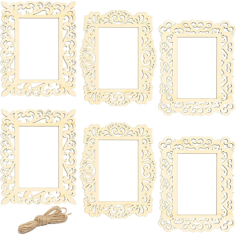 Unfinished Wooden Picture Frames for Crafts with Cutouts and String (6 Pack)