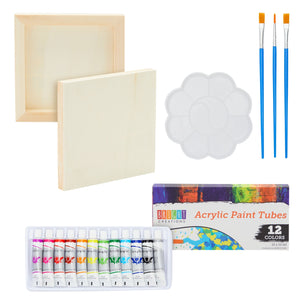 18-Piece 6x6-Inch Wooden Canvas Painting Set, 2 Natural Wood Panel Paint Boards with 12 Acrylic Paint Tubes, 3 Brushes, and 1 Plastic Palette for Crafting and Art Supplies