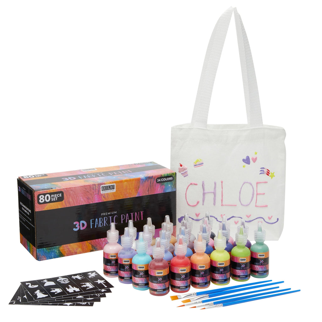 Permanent 3D Fabric Paint Set with 24 Colors (30ml), 5 Brushes, Canvas Bag, 5 Sticker Stencils Sheets for Ceramic, Wood, Glass