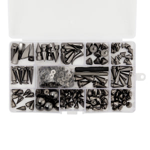 150-Piece Gunmetal Gray Spikes and Studs Set, 13 Assorted Shapes with Screws, Phillips Screwdriver, Hole Punch Tool, and Plastic Storage Case for Crafts and Clothing Decorations