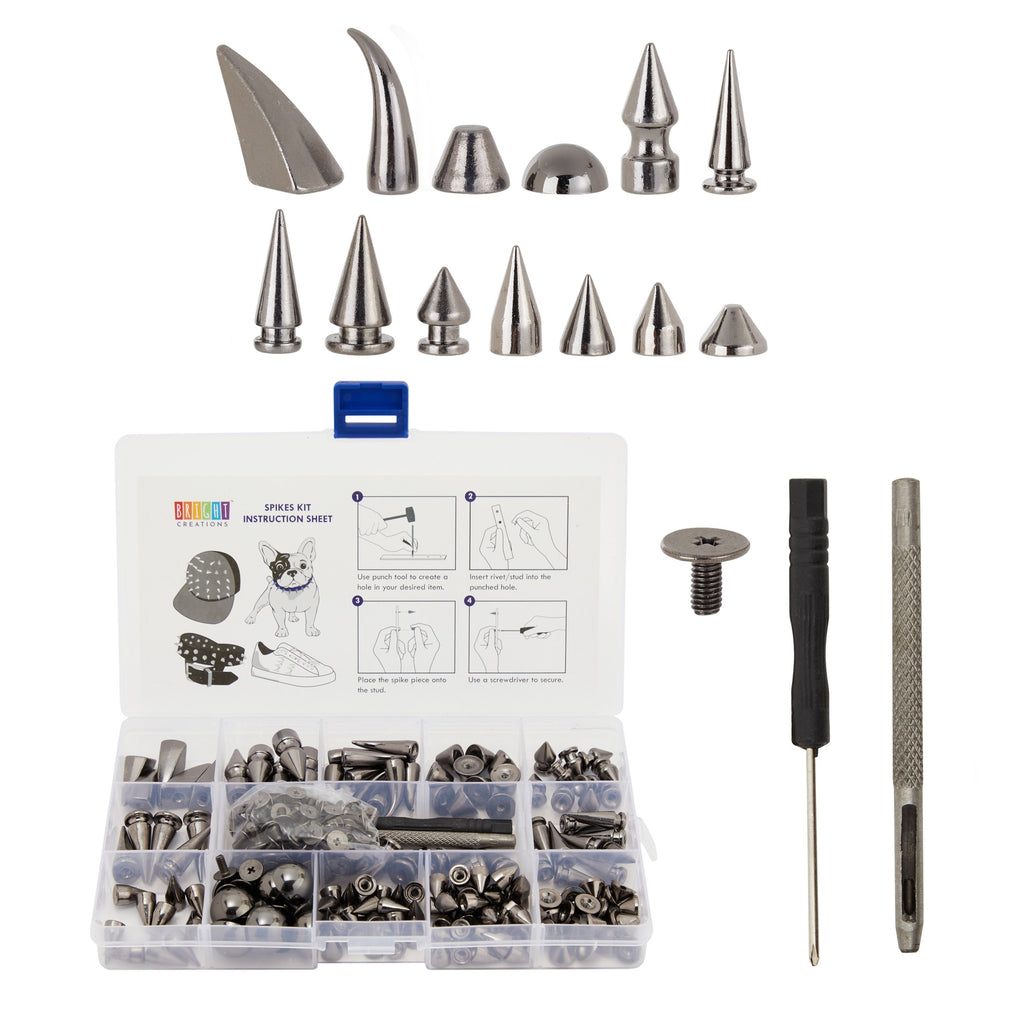 150-Piece Gunmetal Gray Spikes and Studs Set, 13 Assorted Shapes with Screws, Phillips Screwdriver, Hole Punch Tool, and Plastic Storage Case for Crafts and Clothing Decorations