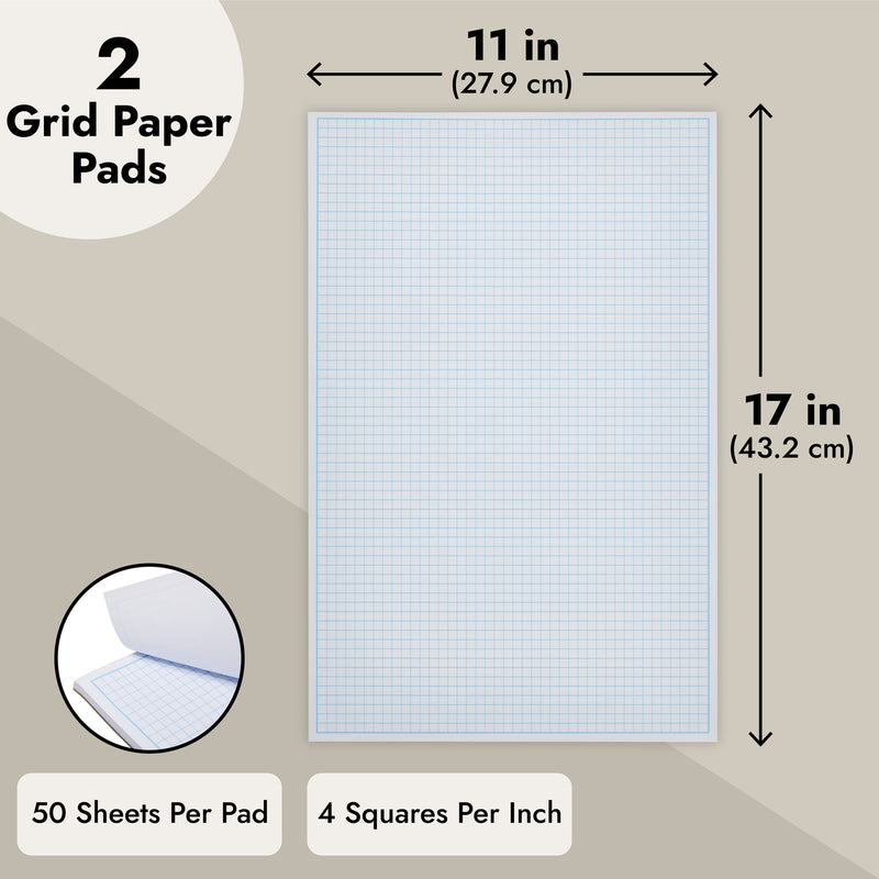 2 Pack Engineering Graph Paper Pads, 11x17 Quadrille Grid Paper for Drafting, Engineering, Blueprint Drawing, Architect Designers (4 Squares Per Inch, 50 Sheets Each Pad)