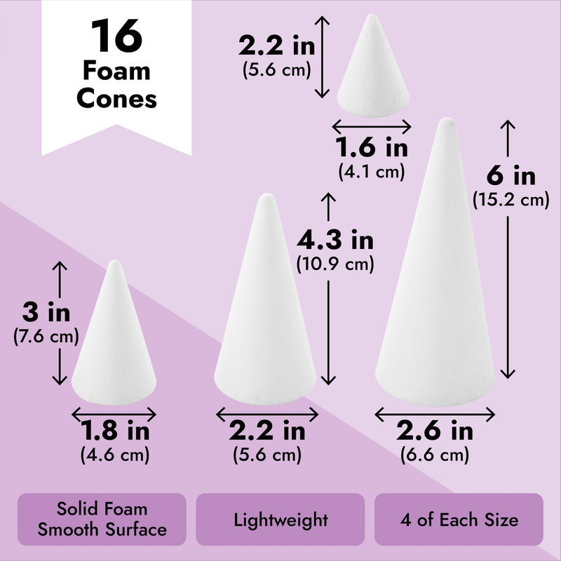 16 Pack Foam Cones for Crafts, 4 Assorted Sizes for Trees, Holiday Decorations, Handmade Gnomes (White, 2.2-6 In)
