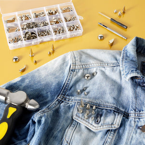 150-Piece Silver Spikes and Studs Set, 13 Assorted Shapes with Screws, Phillips Screwdriver, Hole Punch Tool, and Plastic Storage Case for Crafts and Clothing Decorations