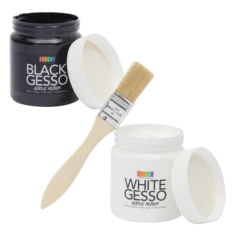 2 Pack White and Black Gesso for Acrylic Painting with 4 Paint Brushes (250ml Per Bottle, 3 x 4 In)