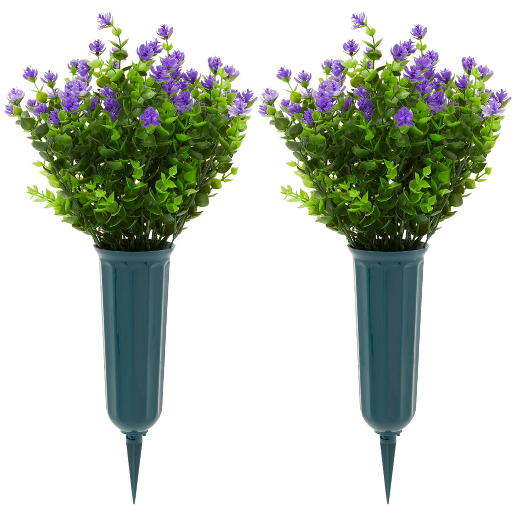 Purple Artificial Flowers for Cemetery with 2 Cone Vases, Small Bouquets for Grave Decorations (8.6 x 13 Inches, 6 Bundles)