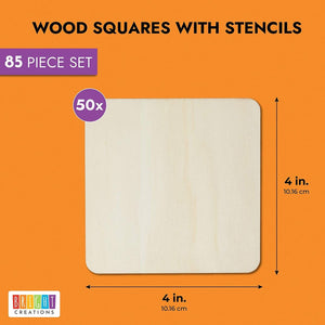 50 Wooden Squares for Crafts with 35 Stencils, Tile Wall Decor (4x4 In, 85 Pieces)