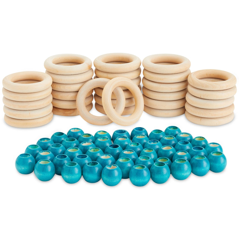 Unfinished Teal Wood Beads and Wooden Rings for Macrame, DIY Crafts (80 Pieces)