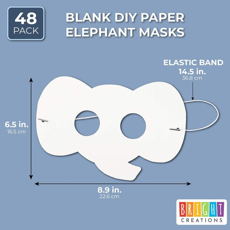 Bright Creations 3.8" x 5.9" Blank DIY Paper Elephant Mask with Elastic Band for Kids Costume Party (48 Pack, White)