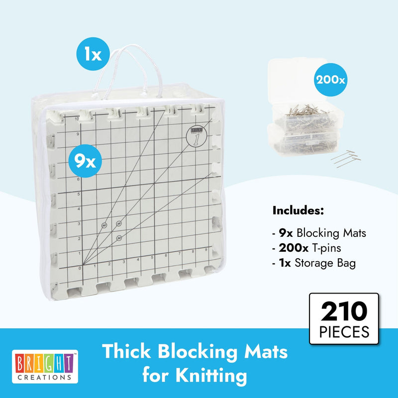 9 Extra Thick Blocking Board Mats for Knitting with Grids, 200 T-Pins, 1 Storage Bag (210 Pieces)