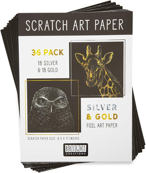 36 Scratch Sheets with 2 Wooden Styluses for Art, Gold and Silver Foil (8.5 x 11 in, 38 Pieces)
