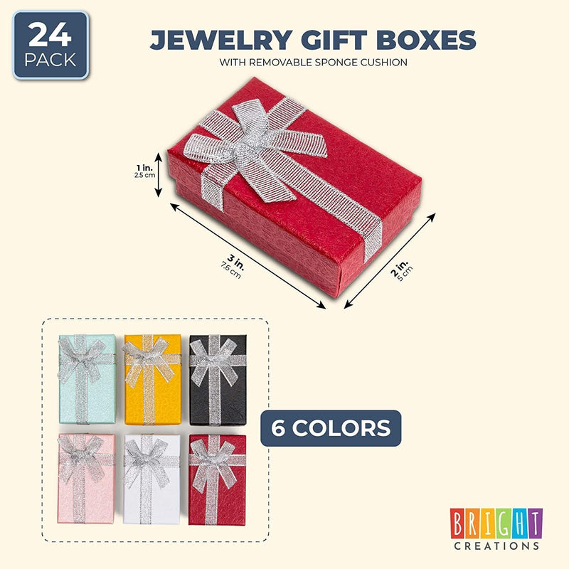 Bright Creations 24 Pack Jewelry Gift Box Set with Lids and Ribbon Bows, Bulk Small Cardboard Boxes for Ring Necklace Bracelet Earrings Display (6 Colors, 2 x 3 x 1 in)