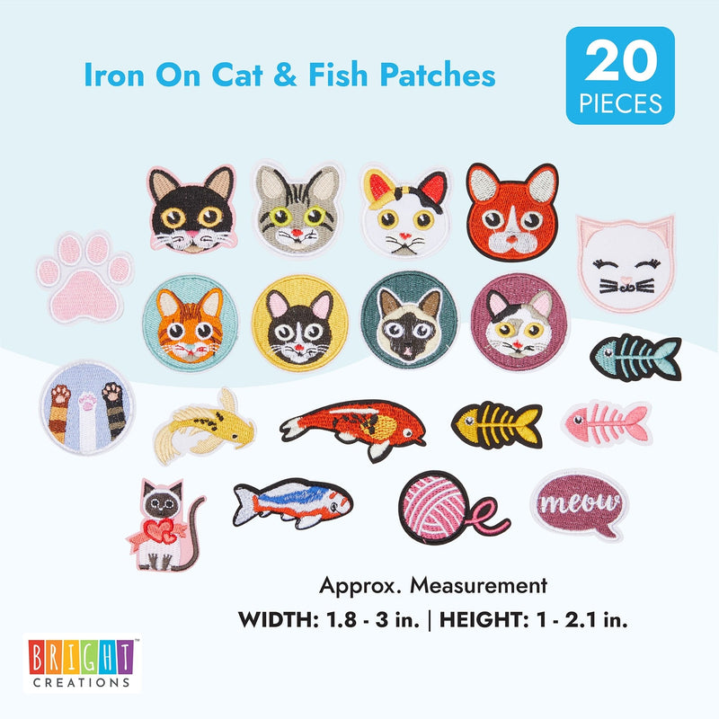Cat and Fish Iron On Patches (20 Piece Set) Cute Embroidered Applique Sew On Clothing, Backpacks, Hats, Jackets