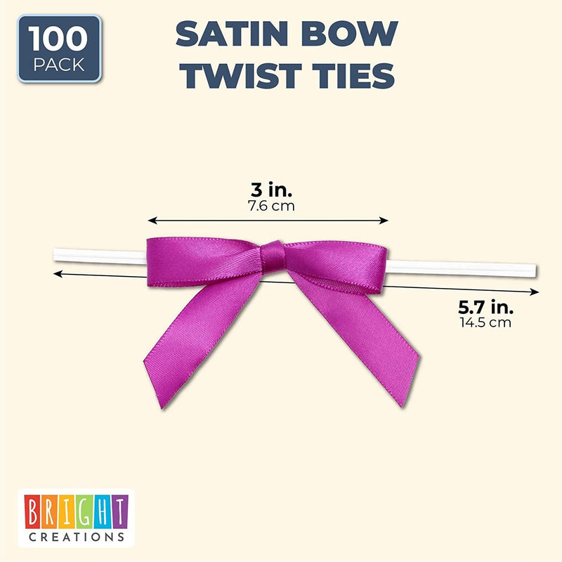 100 Pack Purple Satin Twist Tie Craft Bows for Gift Present Wrapping, Treat Bags Packaging, 3 in