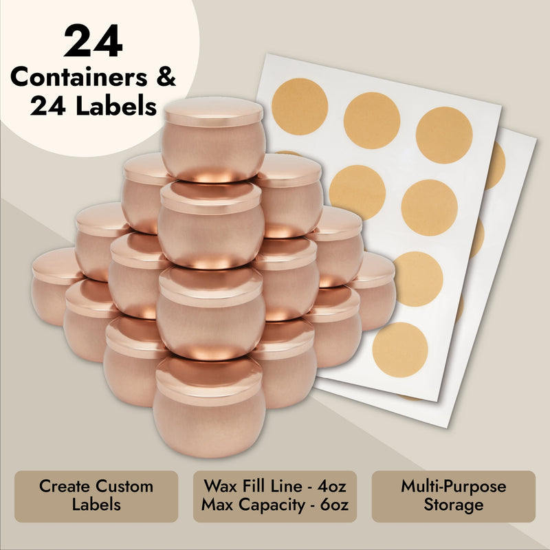 24 Pack Candle Jars for Making Candles 4oz, Bulk Empty Tins with Lids and Labels for DIY Crafts, Gifts (Rose Gold, 3x2 in)