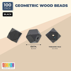 100-Pack 16mm Black Geometric Wooden Beads with Threading Holes, 0.63-Inch Wood Shapes for Jewelry Making, Prayer Beads, Scoring Wire, Crafting and Art Supplies