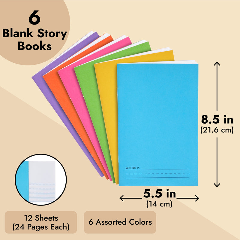 6 Pack of Blank Books for Kids to Write Stories, Make your Own Comic, Journal, or Book, Paperback (6 Colors, 12 Sheets/24 Pages, 5.5x8.5 in)